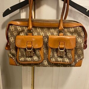 Dooney & Bourke Brown/Tan DB Monogram Dual Pocket Satchel